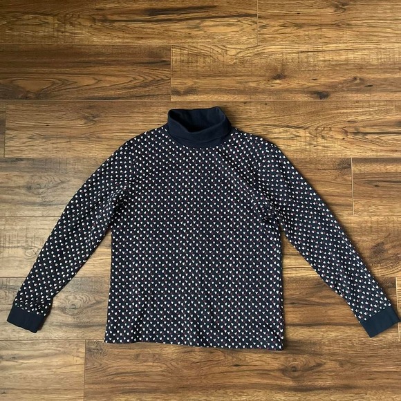 L.L.Bean Tops - L.L.Bean Heart Turtleneck Top Navy Long Sleeve Cotton Shirt Small Valentine